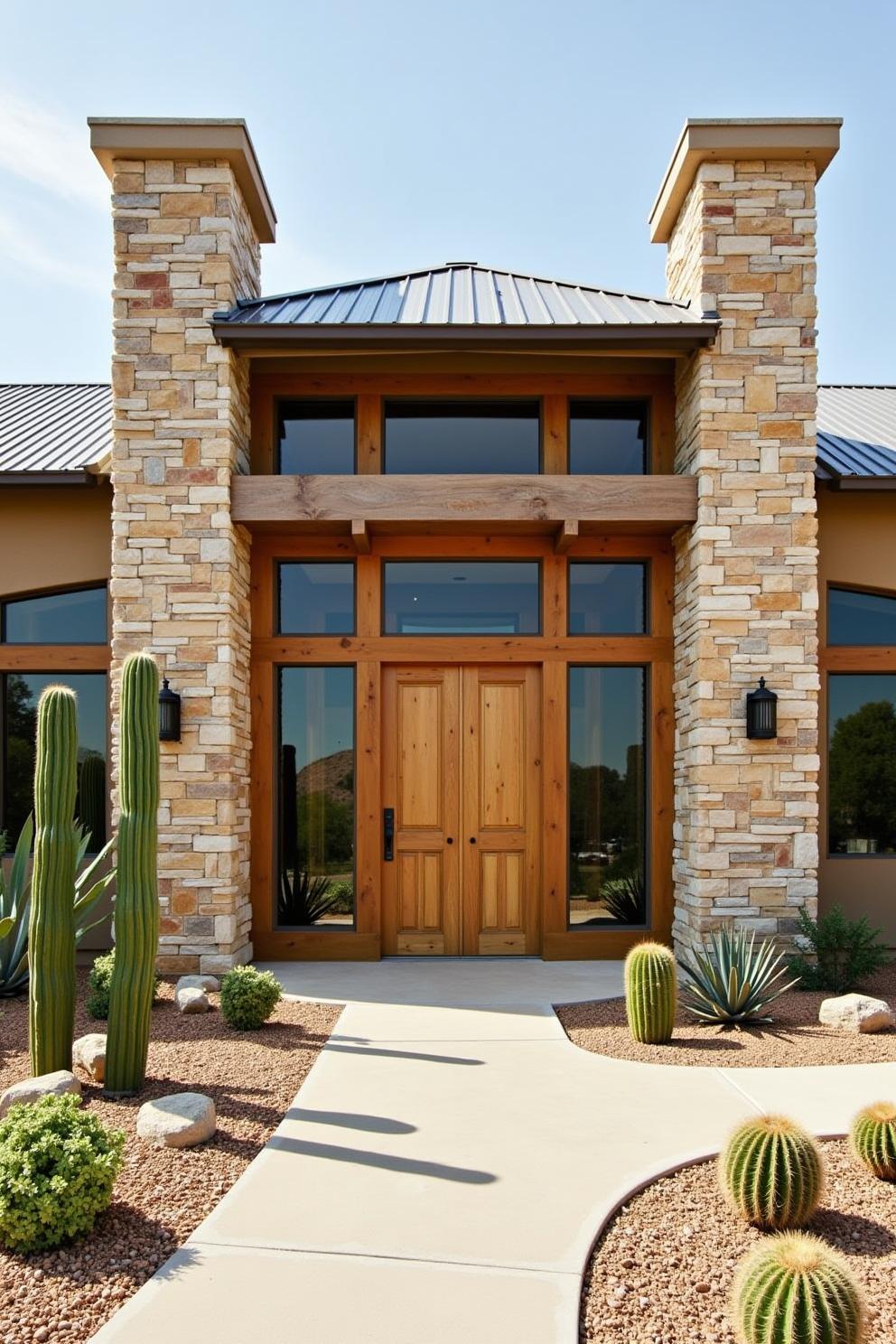 Front entrance of a ranch style home with stone facade and wooden door