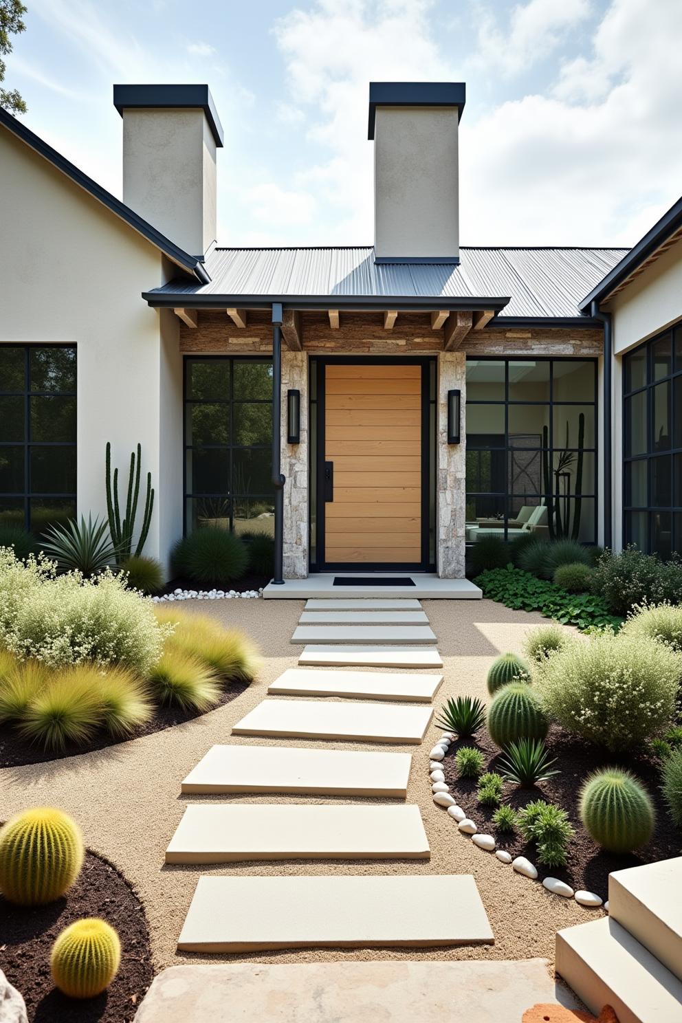 Modern ranch style home entrance with cacti landscaping