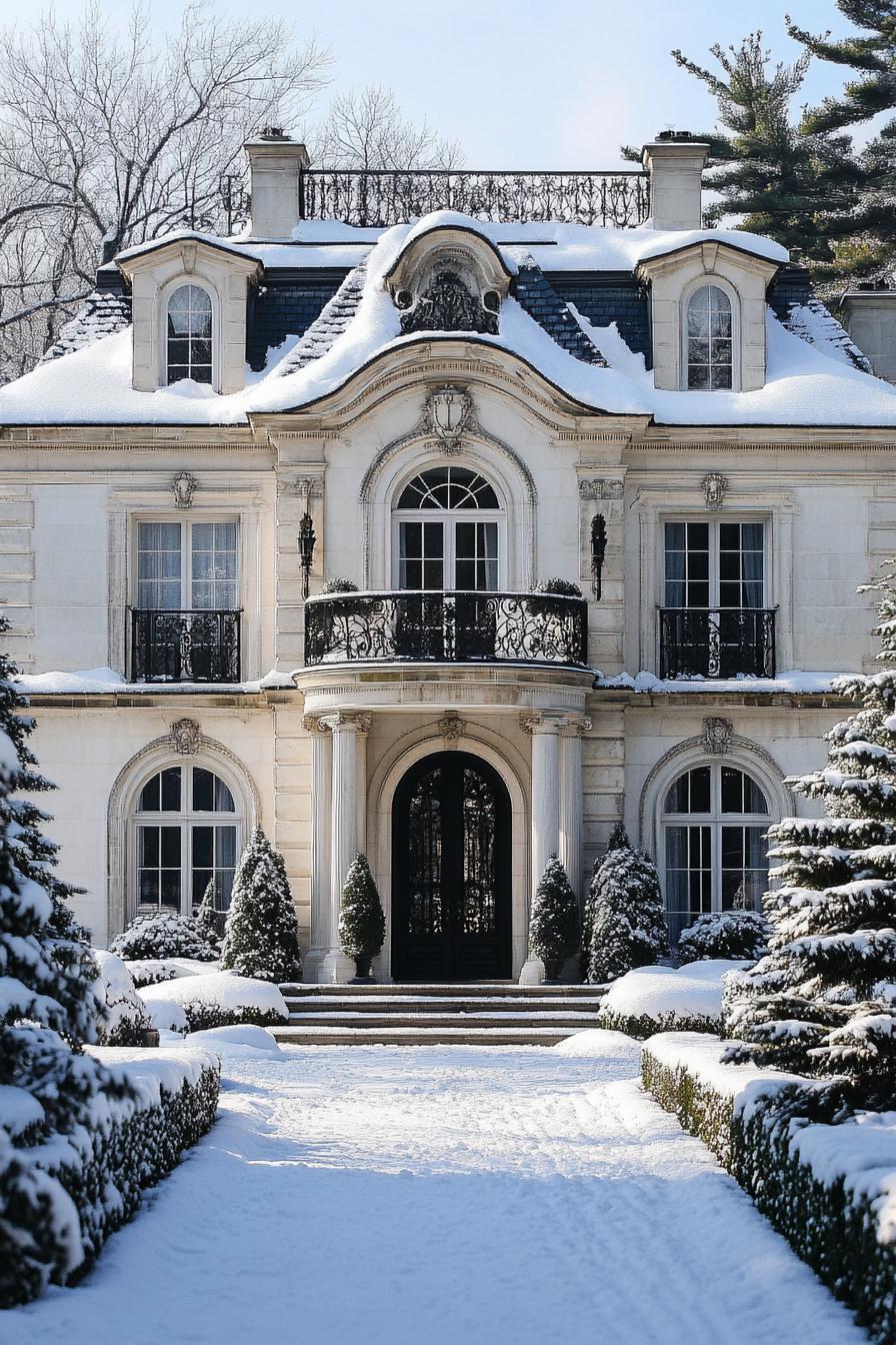 Stately mansion with snow-covered exterior and detailed architecture