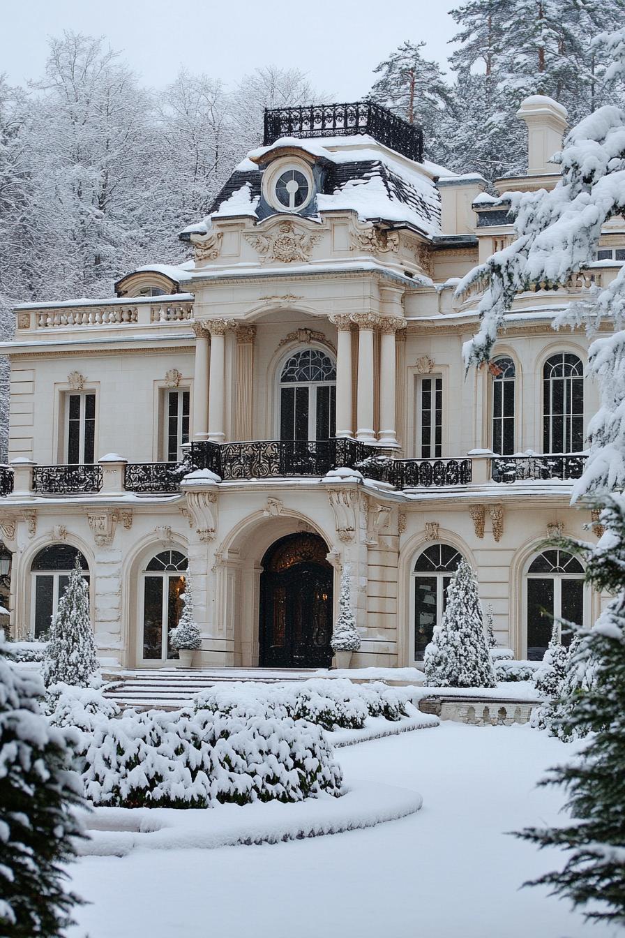 Grand mansion covered in snow surrounded by frosty trees