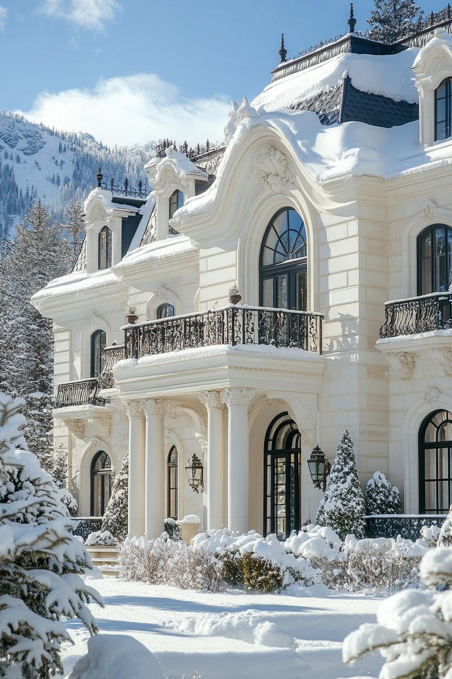 Luxurious snow-covered mansion with elegant architecture