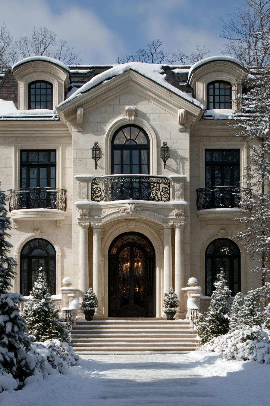 Elegant snow-covered mansion with grand entrance