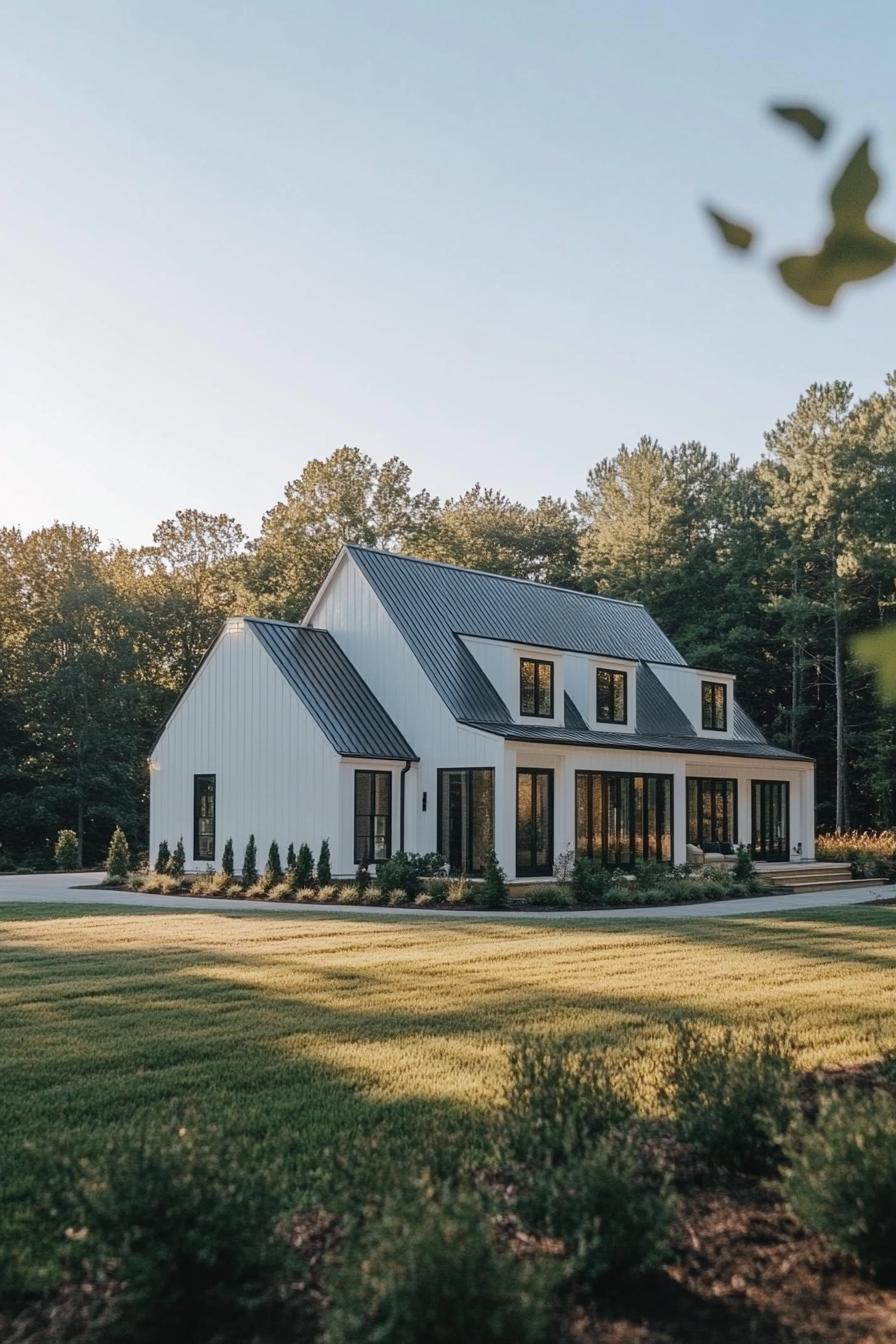 Modern suburban house with large windows and lush greenery