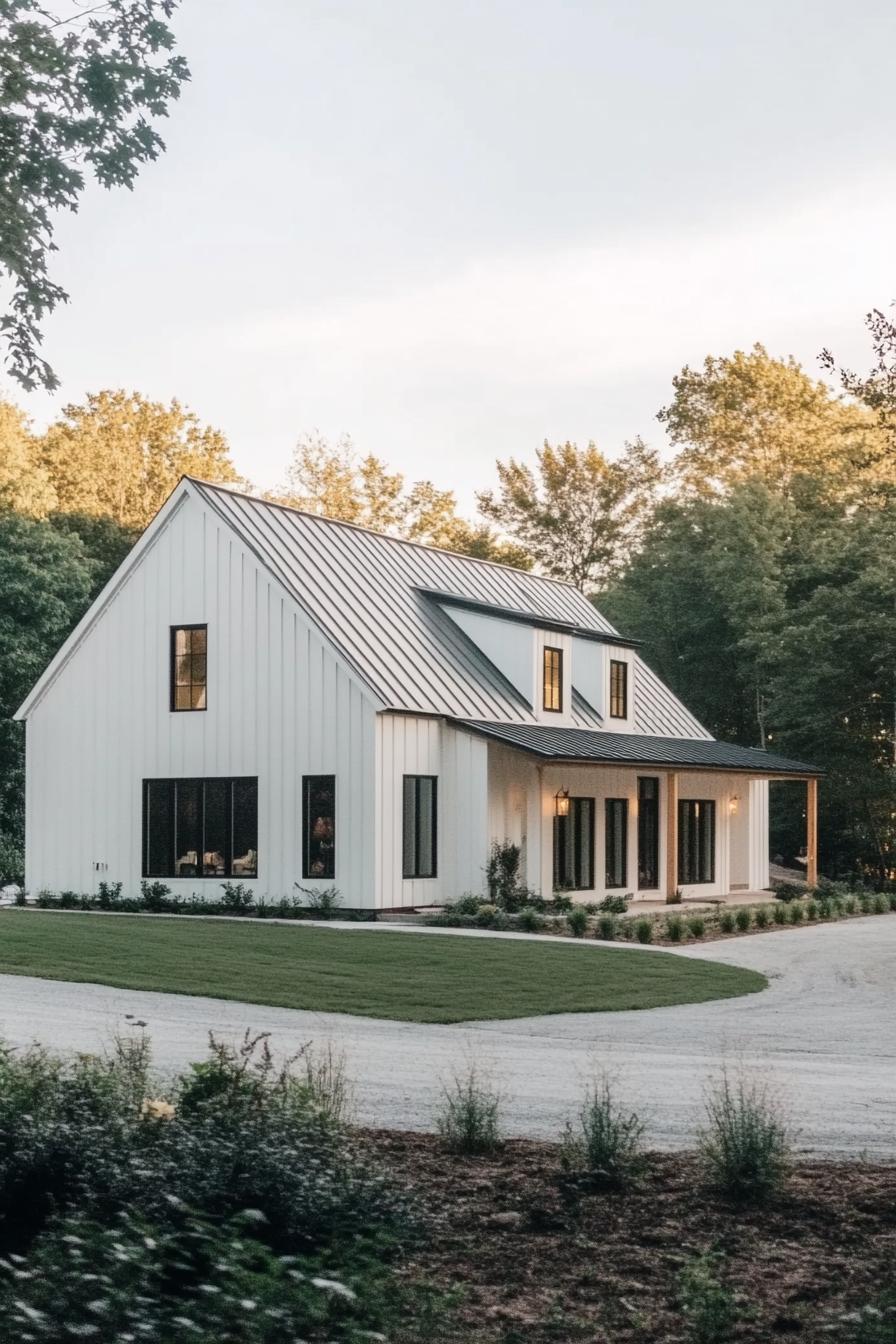 White modern farmhouse with gable roof and lush green surroundings