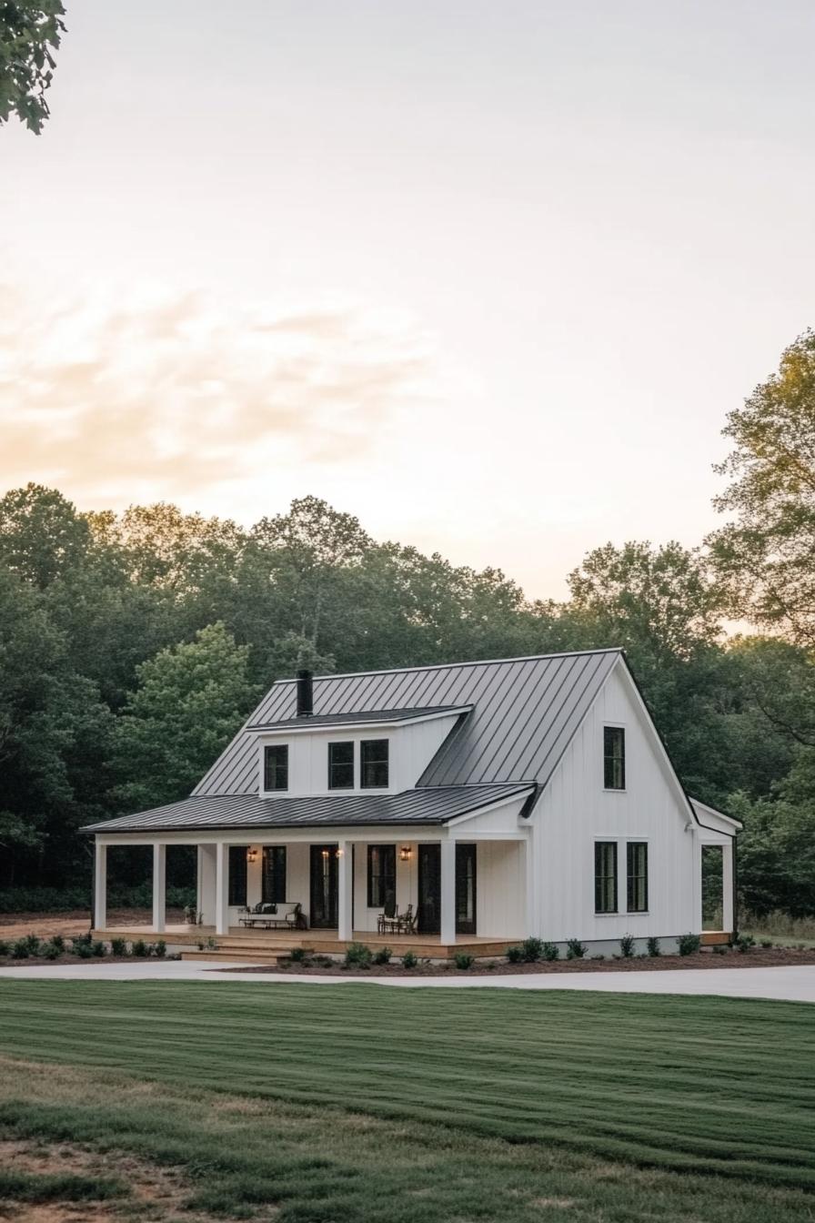 White house with gray metal roof in lush green surroundings