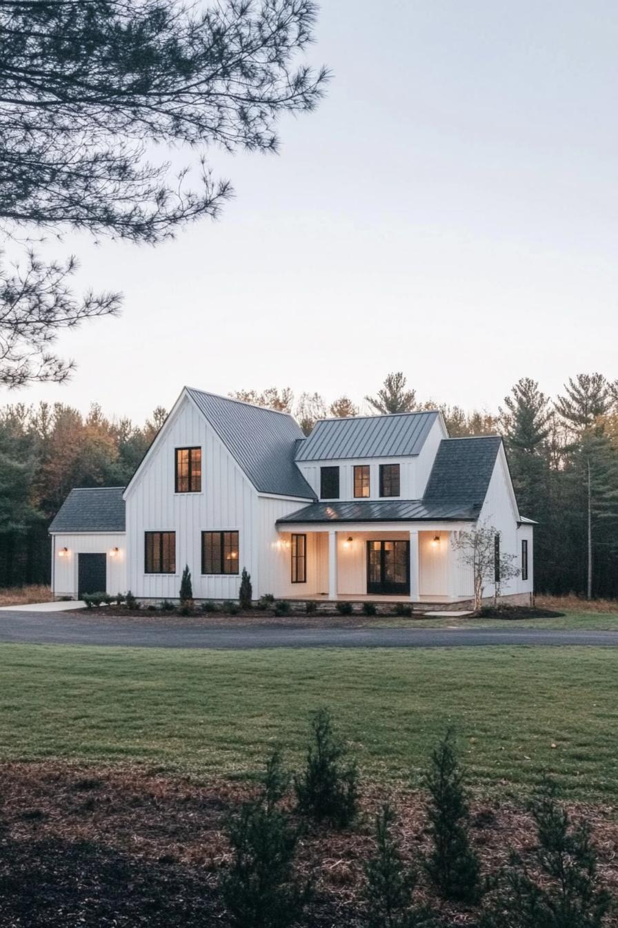 White house with a dark roof, nestled in a wooded area