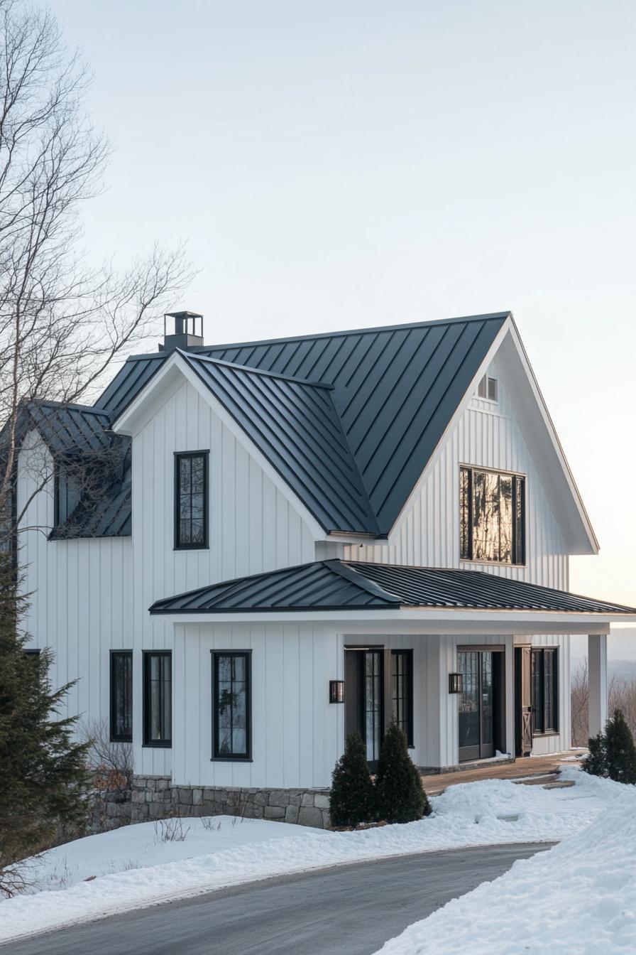 Snow-covered suburban house with a steep roof