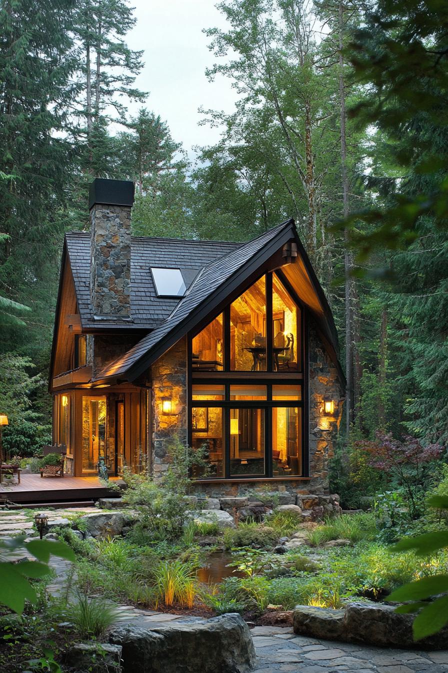 Cozy wooden cabin with large windows in a forest setting