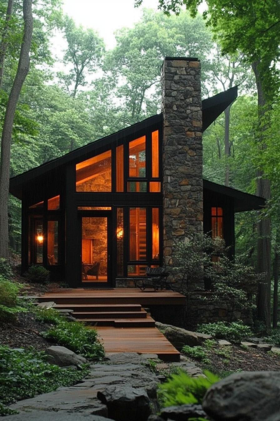 A-Frame cabin with a large stone chimney surrounded by forest