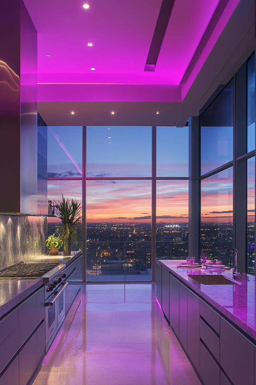 Modern kitchen with pink lighting and skyline view