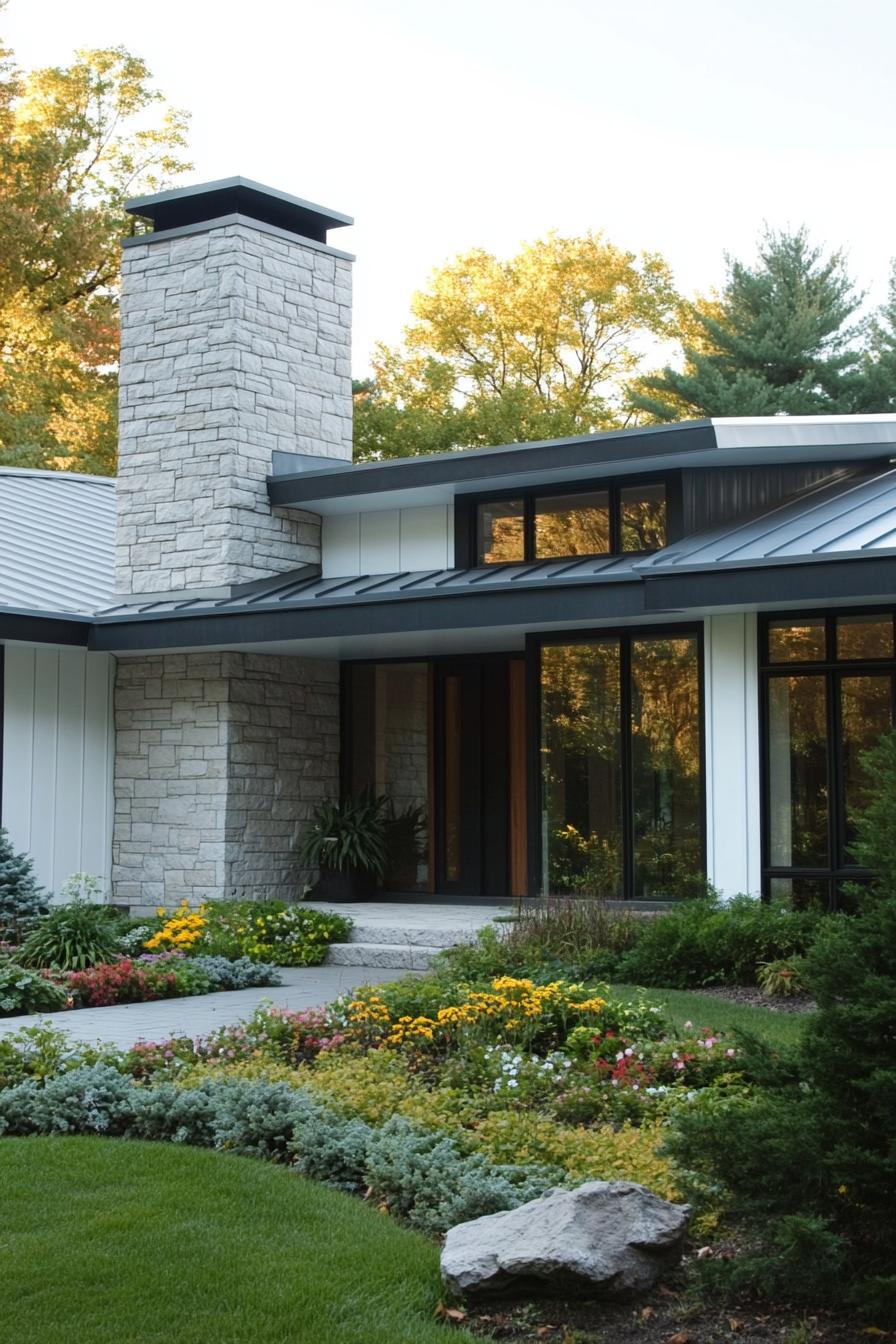 Modern house with stone chimney and lush garden