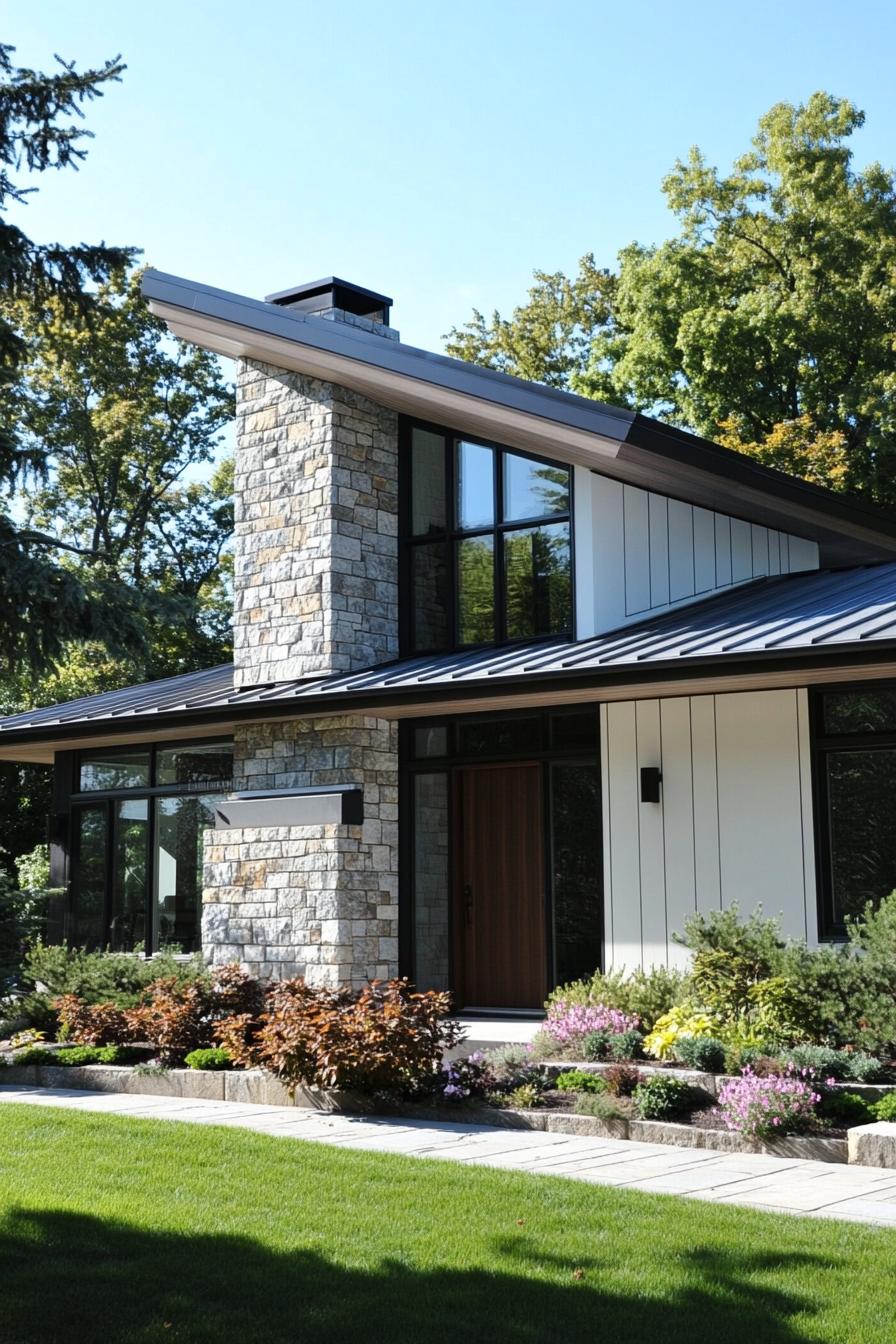 Modern suburban house with a stone chimney and lush garden