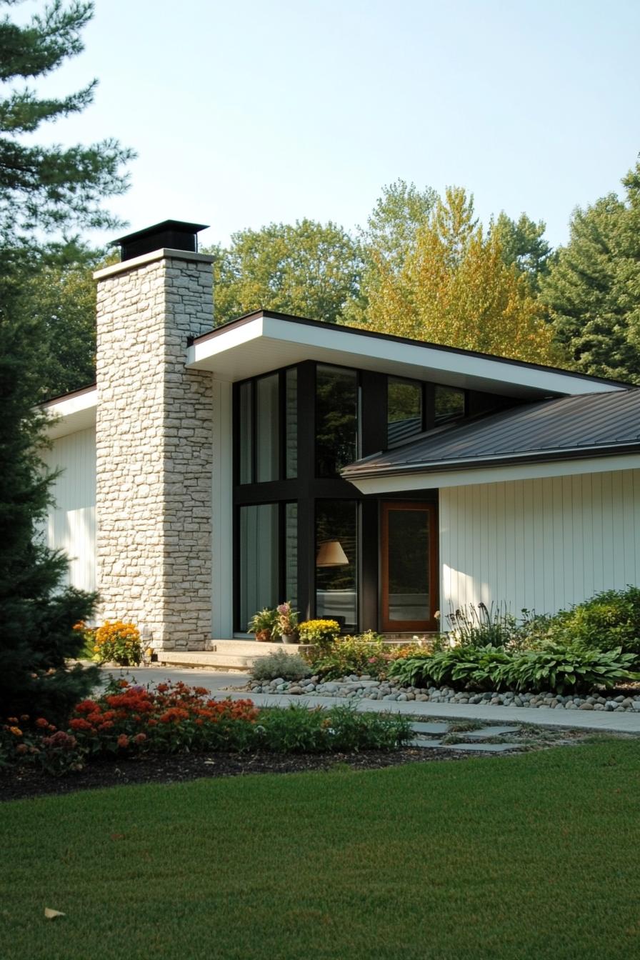 Modern house with stone chimney and lush garden