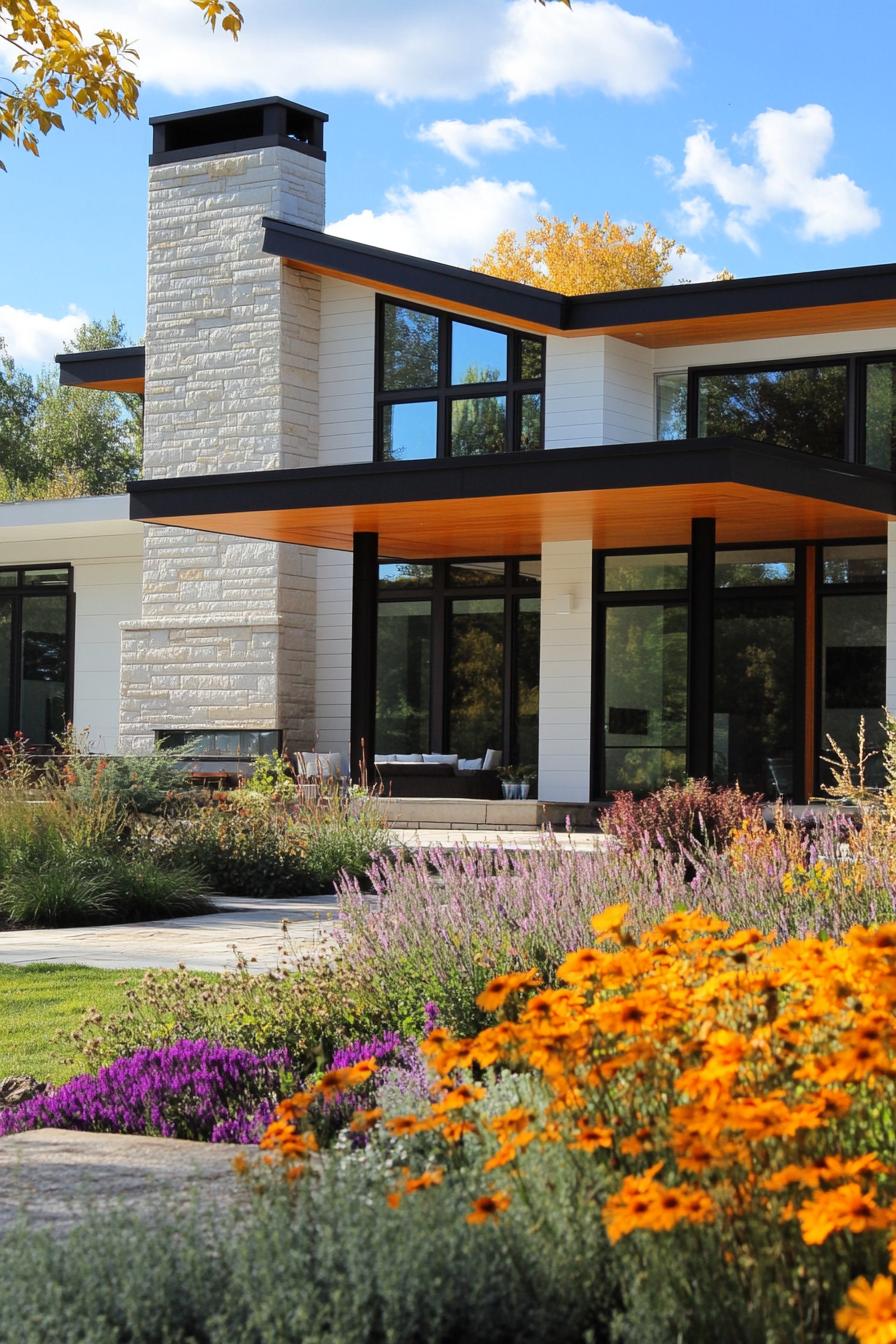 Modern house with stone chimney and colorful garden