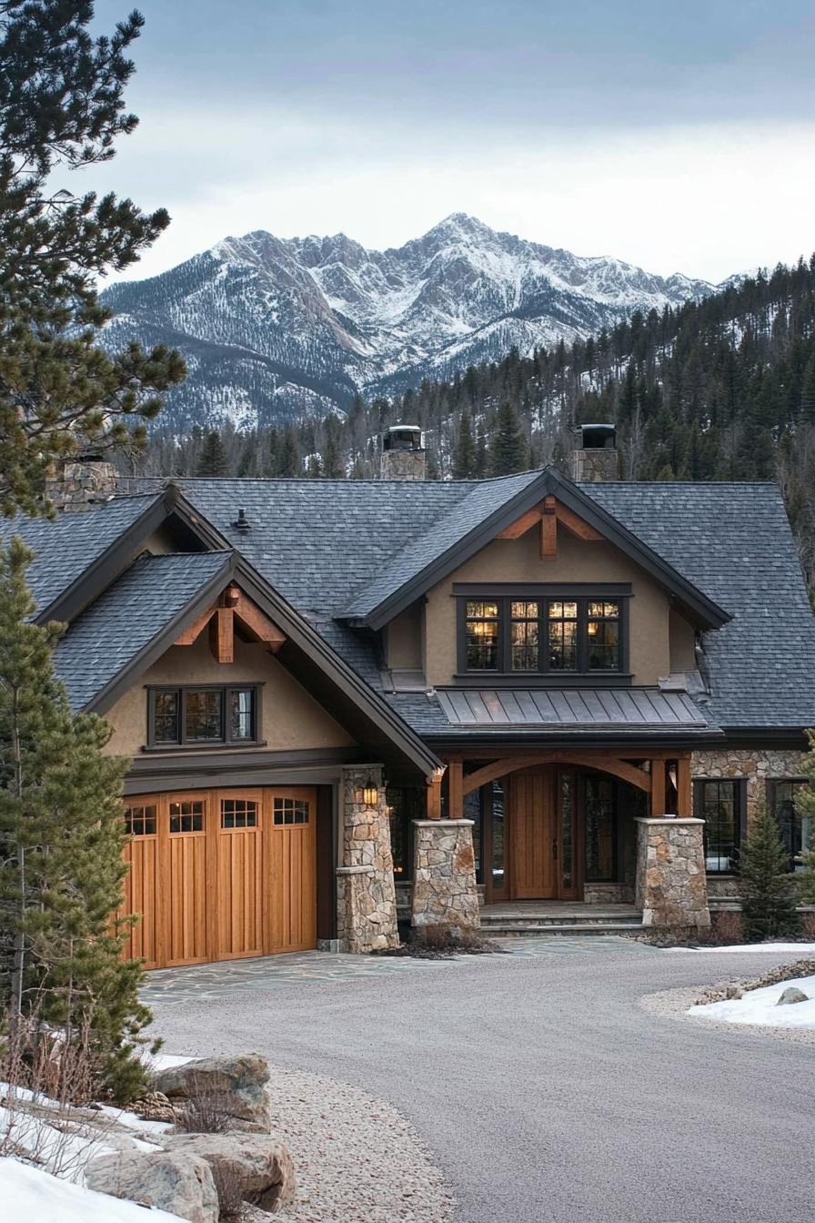 Charming mountain house with snowy peaks in background