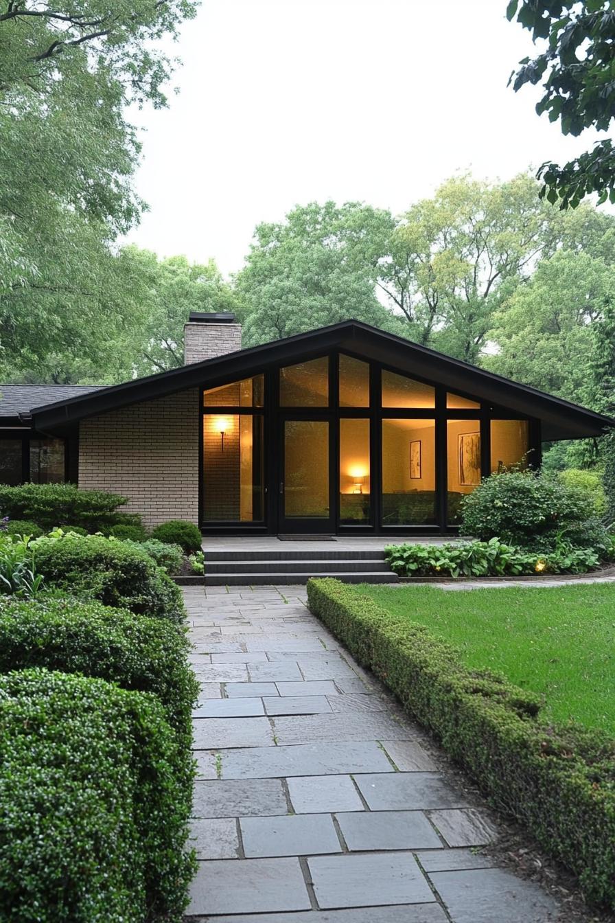 Cozy brick house with large windows and lush greenery