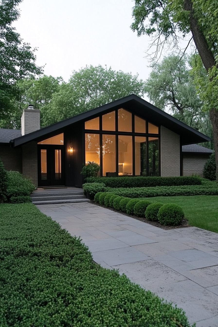 Mid-century brick home with large windows and lush greenery