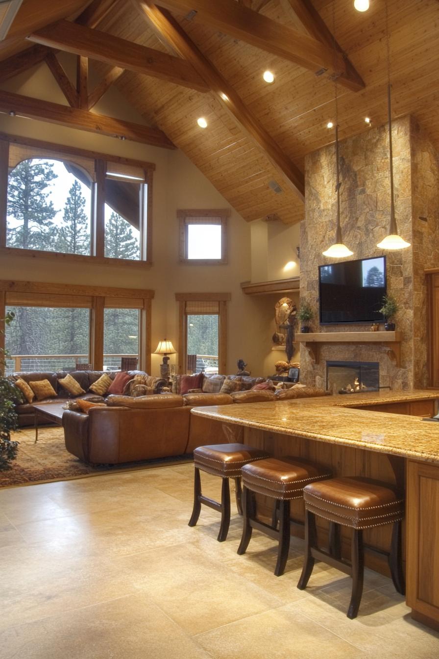 Spacious loft with wooden beams and a stone fireplace