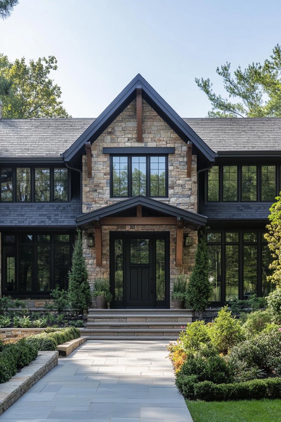 Modern stone house with lush landscaping