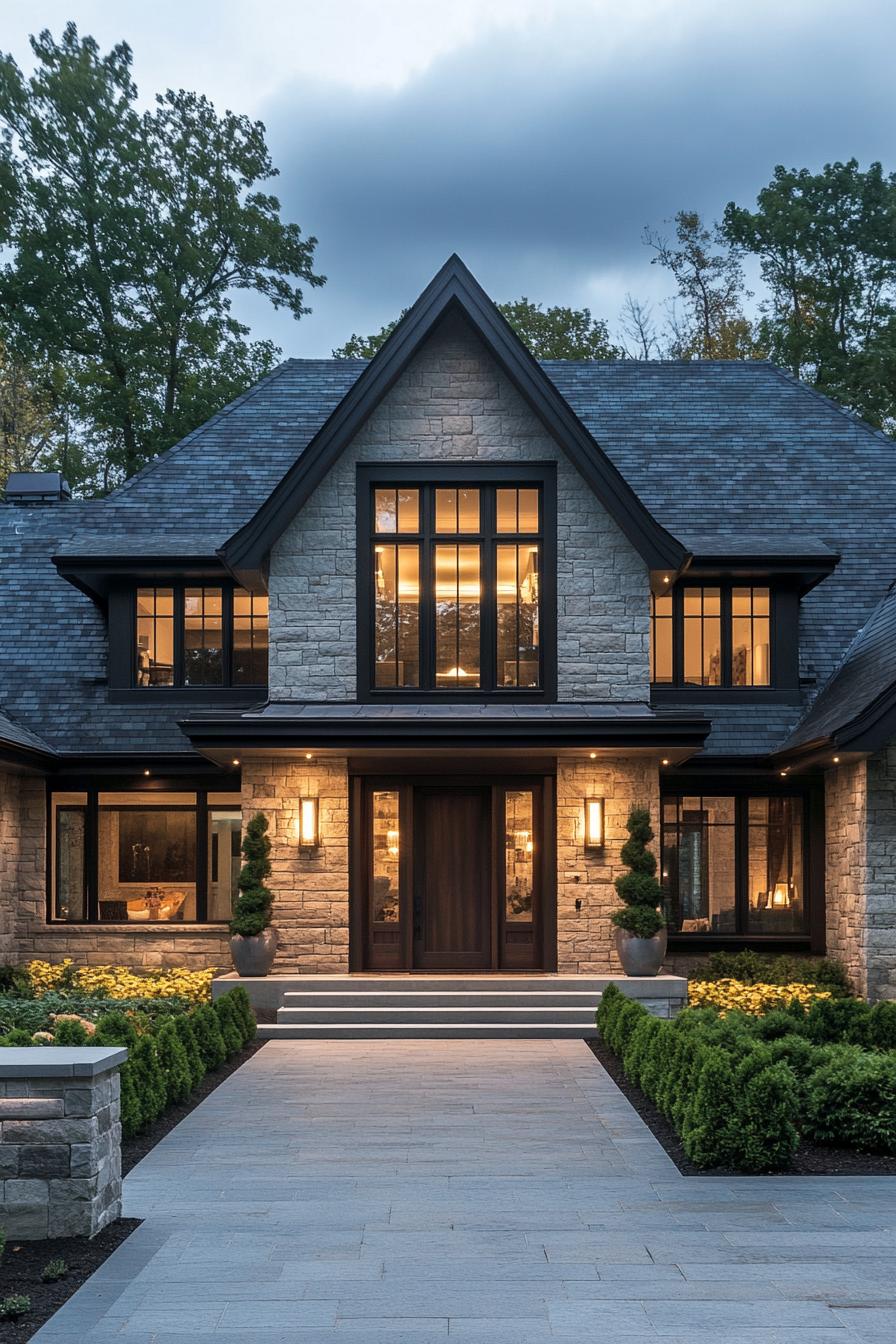 Elegant stone house with glowing windows and greenery