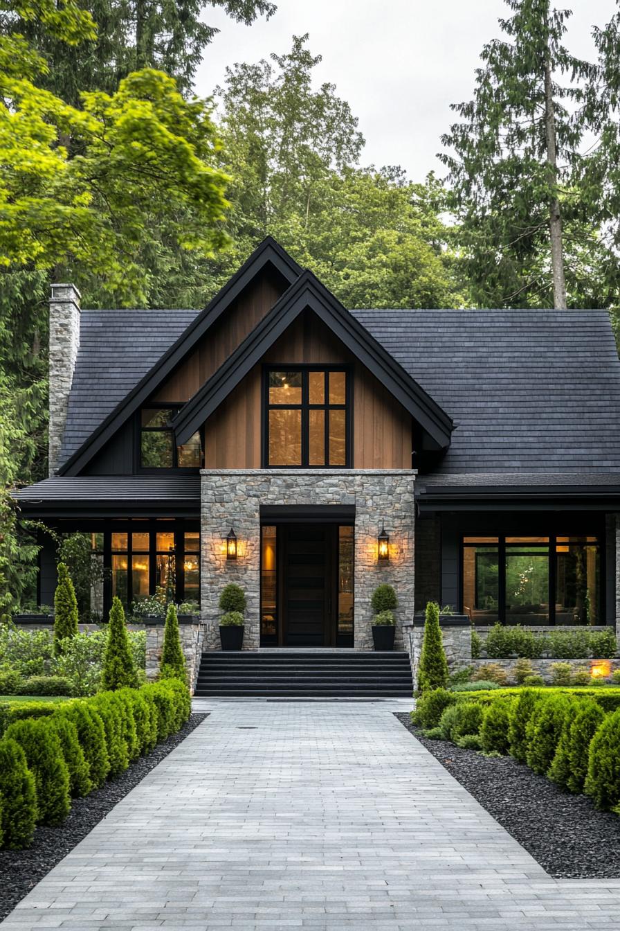 Charming house with stone and wood accents amid lush greenery