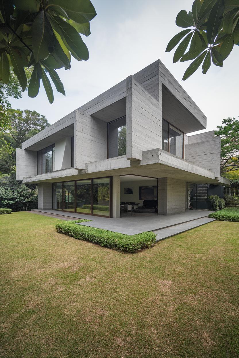 Modern concrete house surrounded by greenery