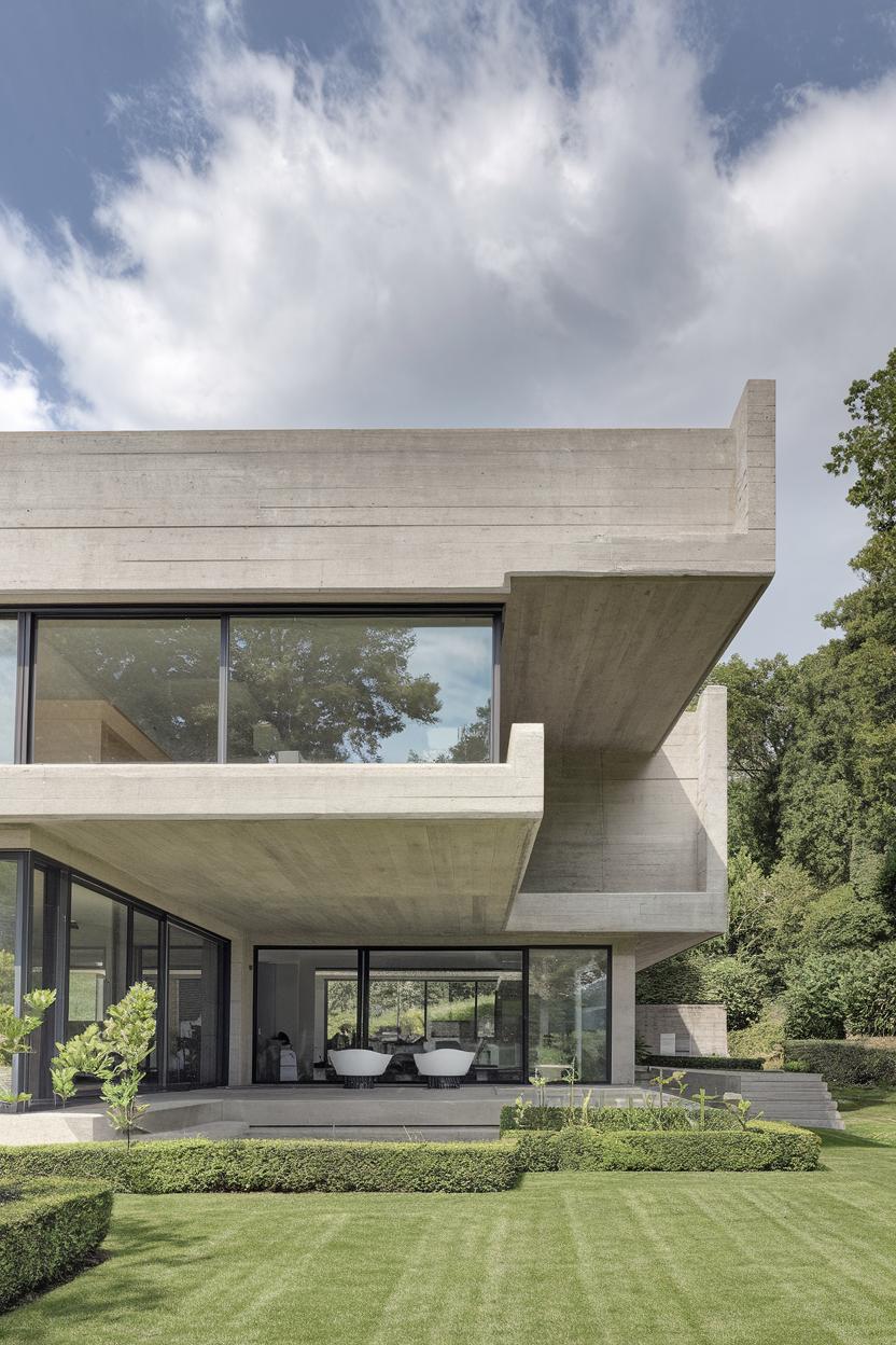 Concrete house with large windows and lush garden