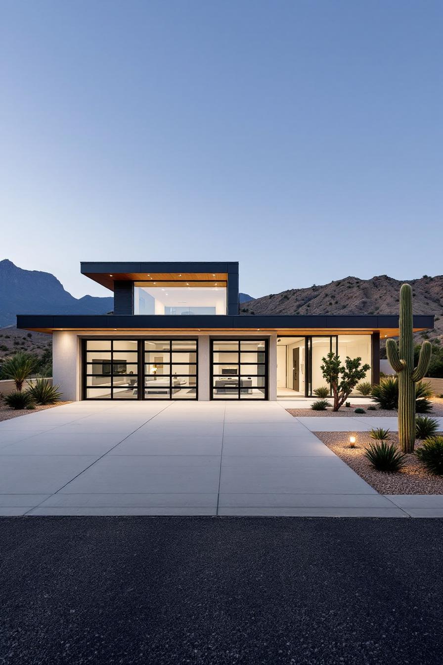 Contemporary garage house with glass doors and desert landscaping