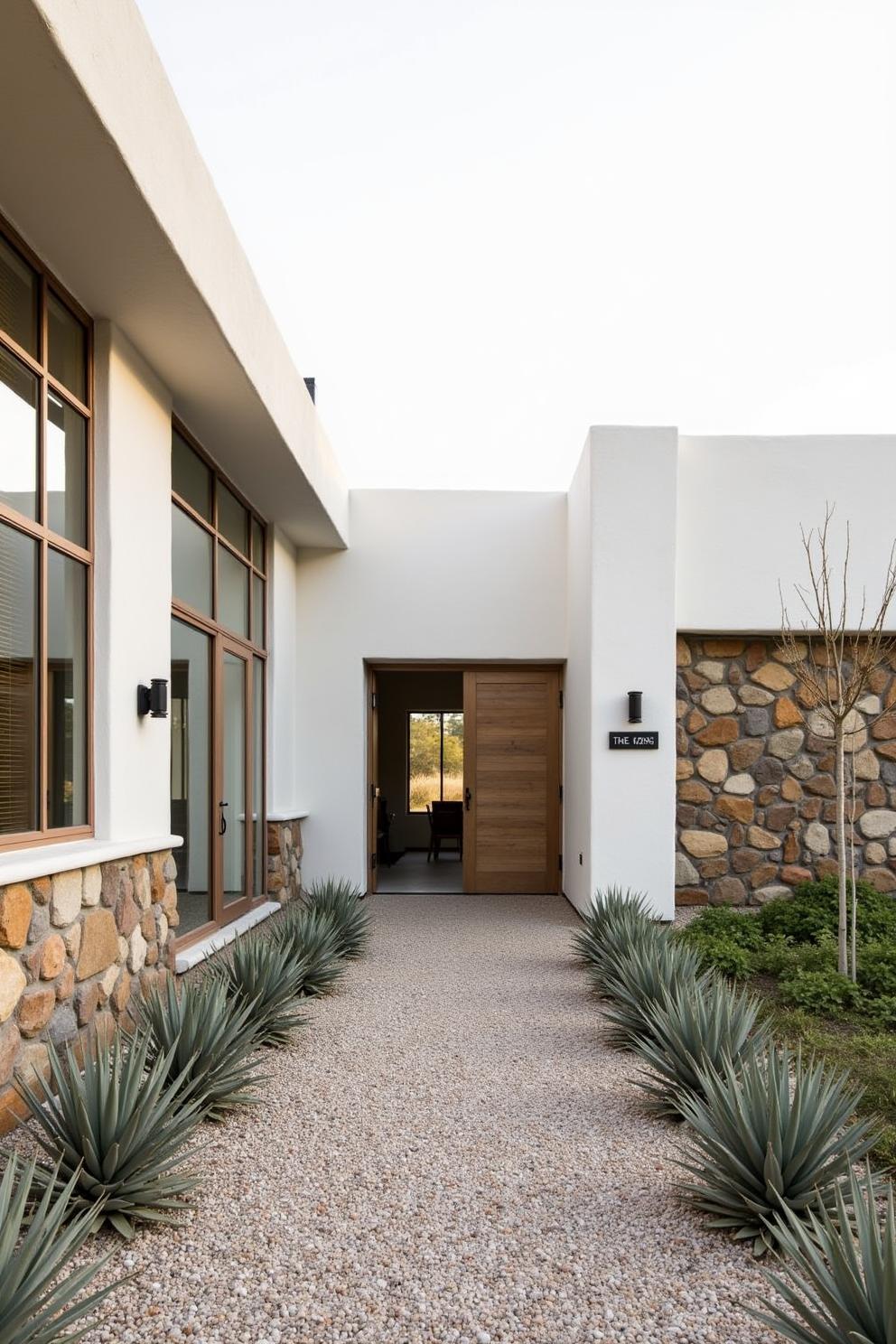 Modern ranch home entrance with stone and white walls