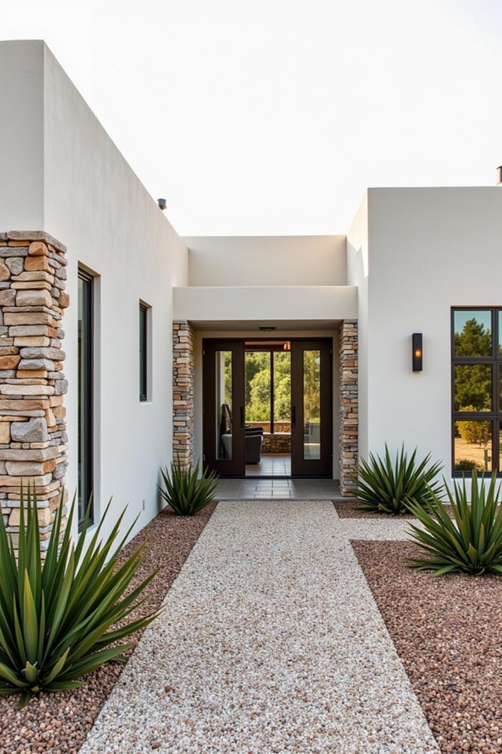 Modern ranch entrance with stone accents and lush foliage