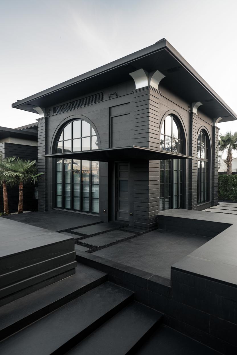 Striking black contemporary house with large arched windows