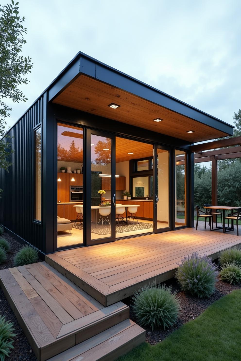 Modern tiny house with large glass doors and wooden deck