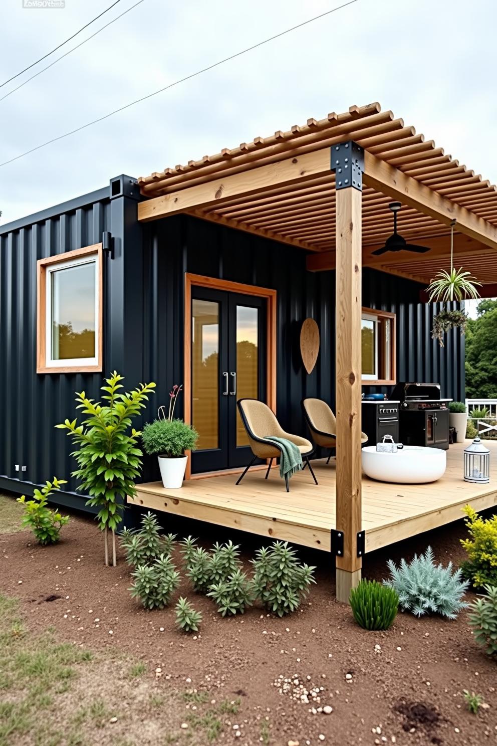 Tiny container home with a wooden deck and pergola