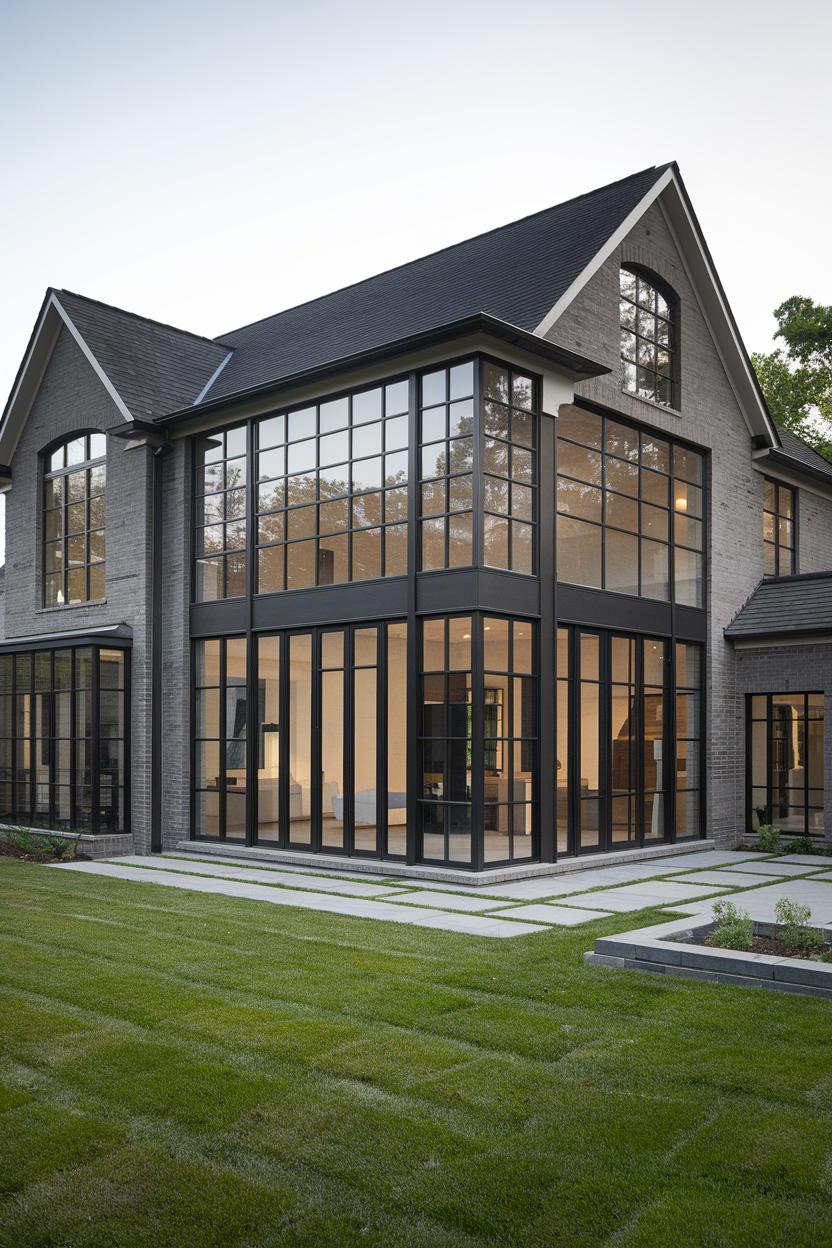 Modern suburban house with large windows and lush lawn