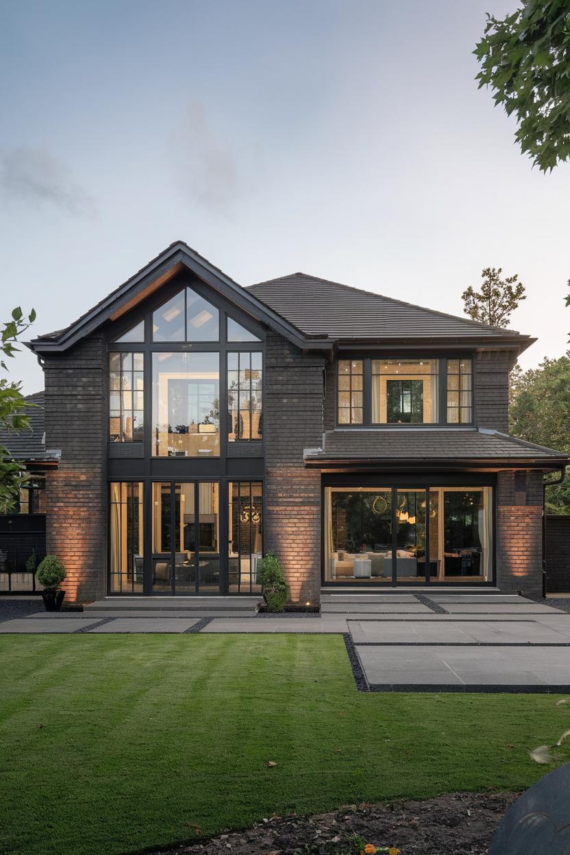 Modern suburban house with large windows on a well-manicured lawn