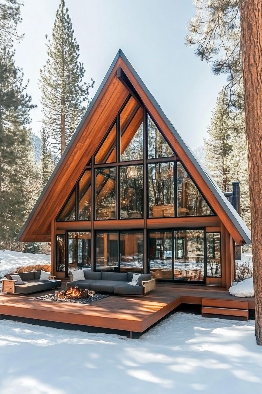 Cozy A-frame cabin with large windows and outdoor seating