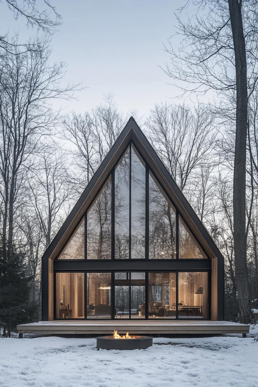 Sleek A-frame cabin with glass facade and snow around