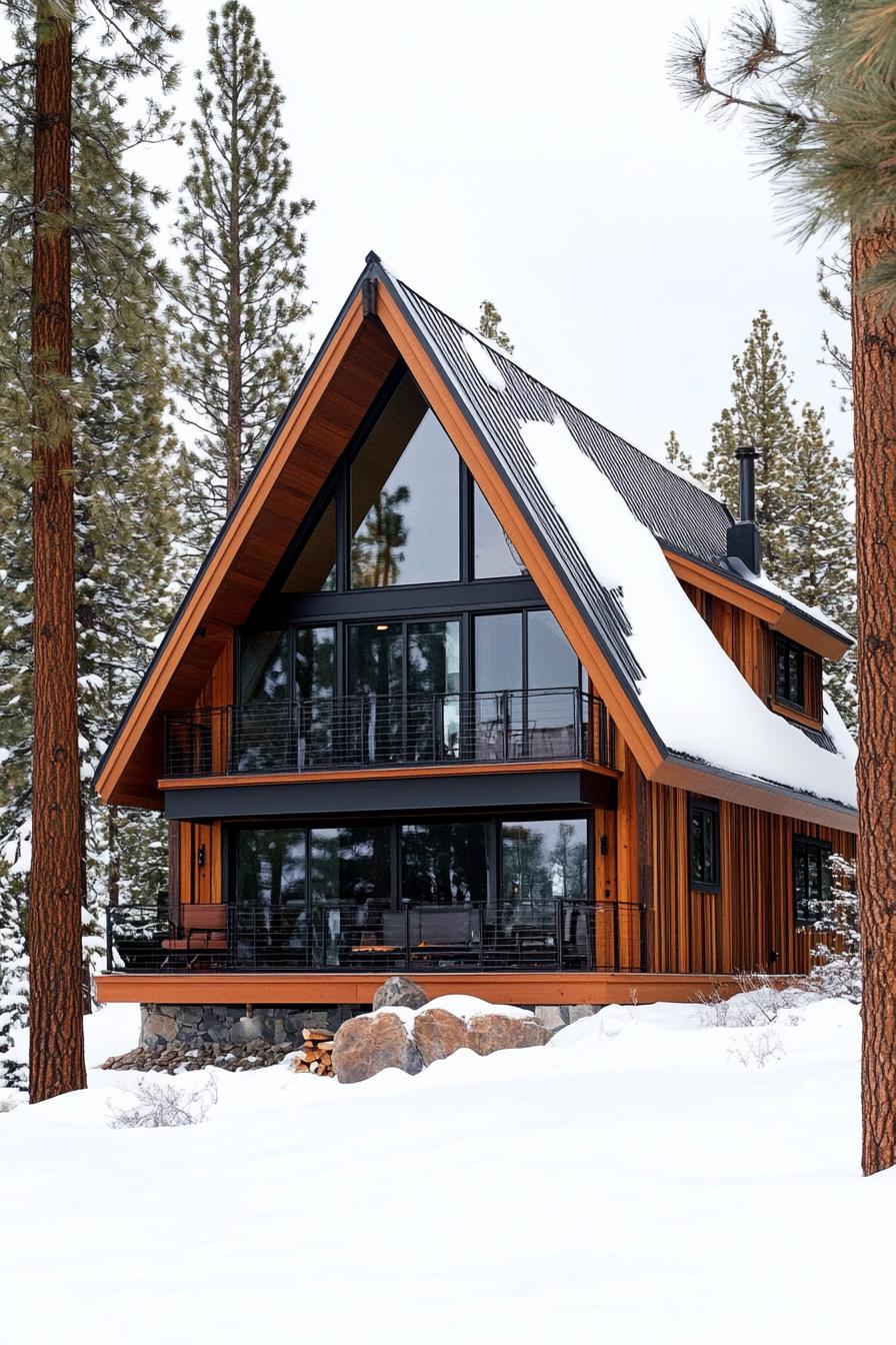 A-frame cabin with snow on roof in a winter setting