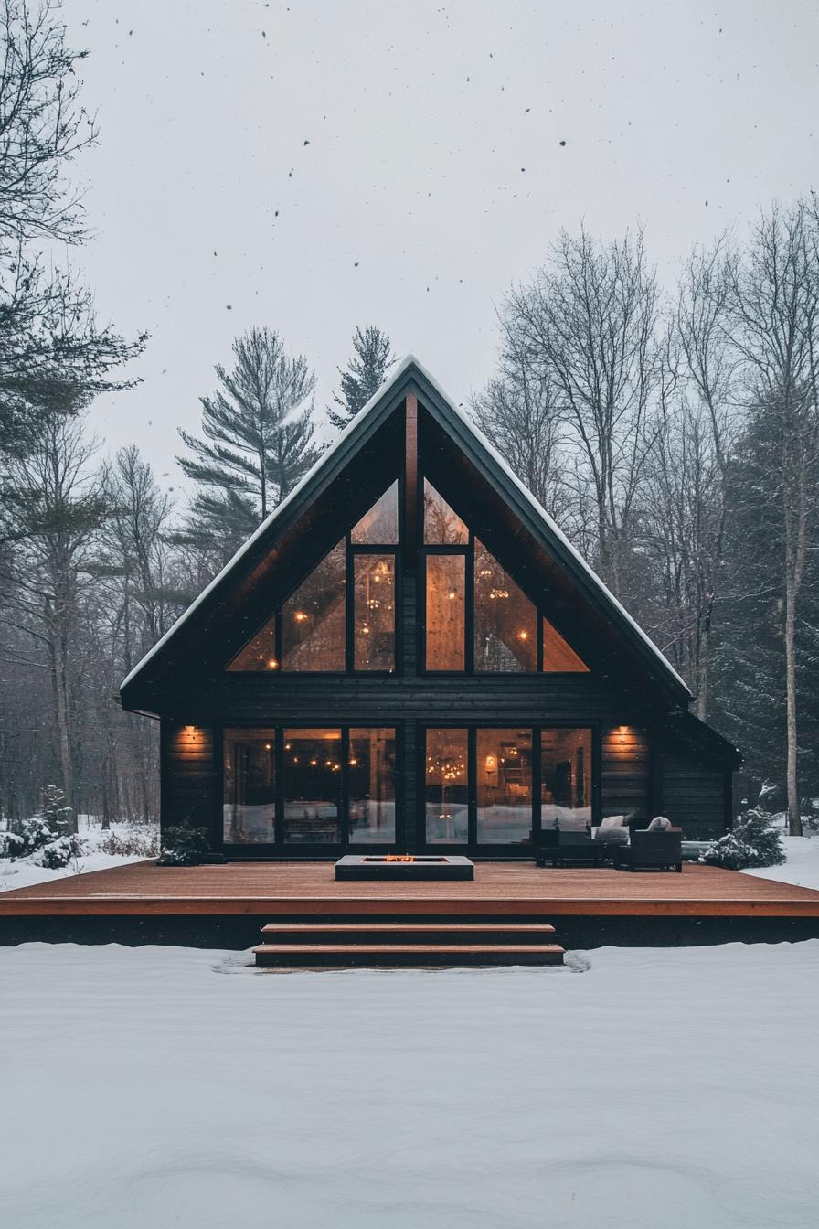 A-frame cabin surrounded by winter forest, glowing warmly