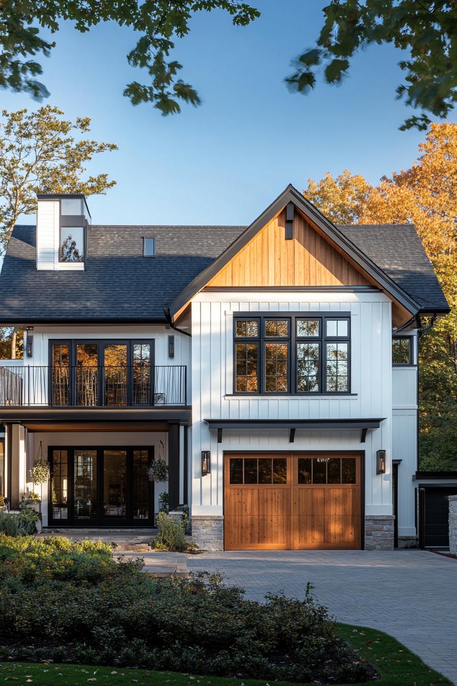 Two-story modern suburban house with dark roof and wooden garage door