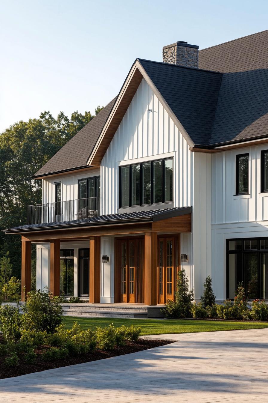 Modern suburban house with wooden accents and large windows