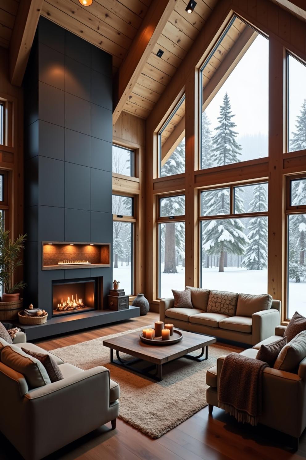 Cozy cabin interior with a large fireplace and snowy views