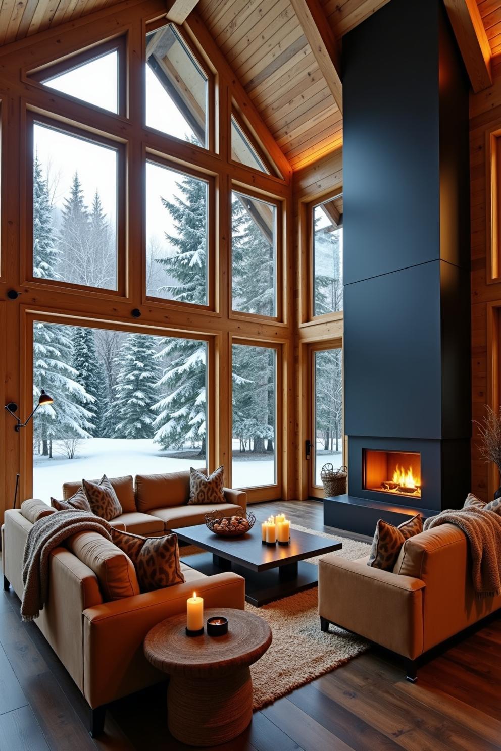 Warm and inviting cabin interior with large windows