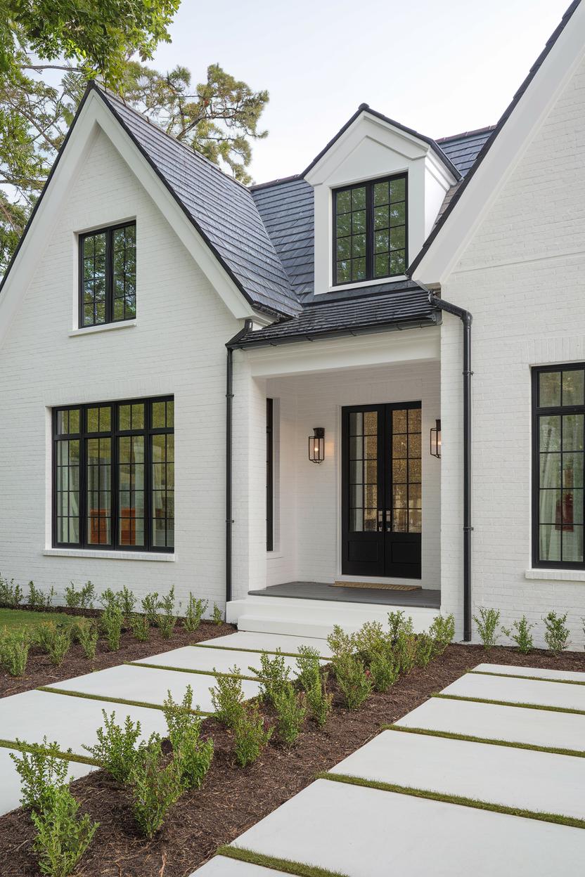 Front view of a white cottage with black windows and a sleek path