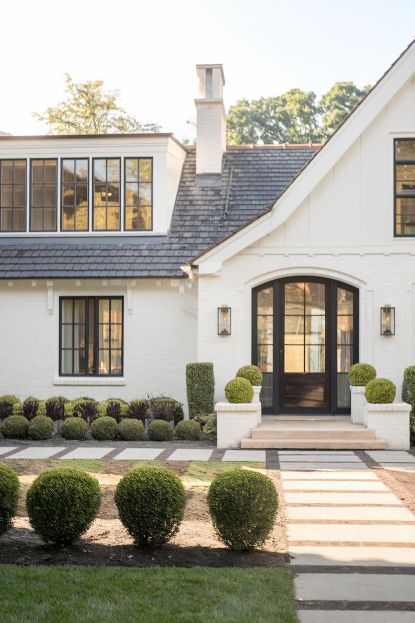 White brick cottage with a welcoming entry path