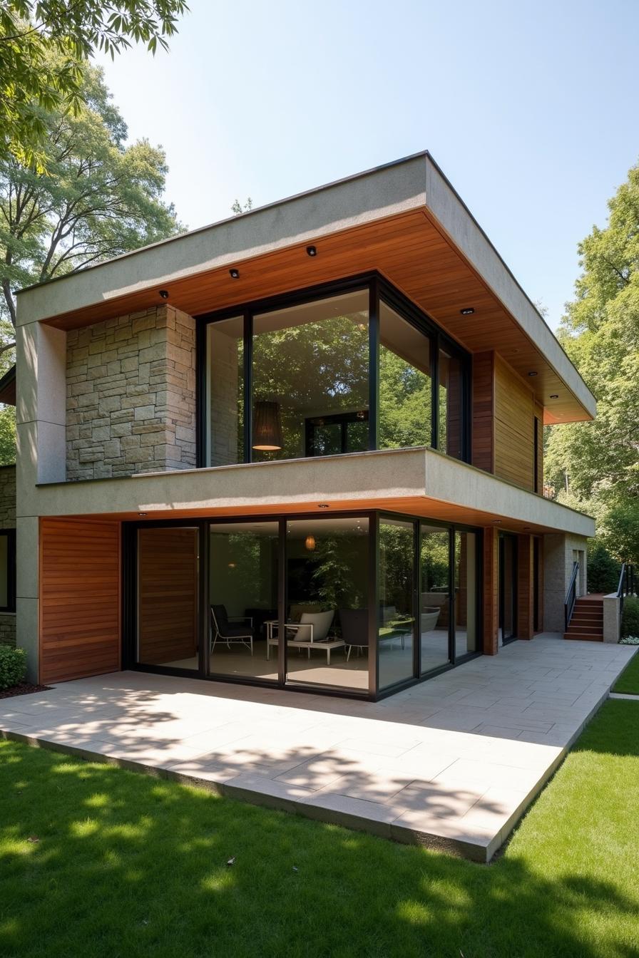 Modern house with large windows and a wrap-around patio