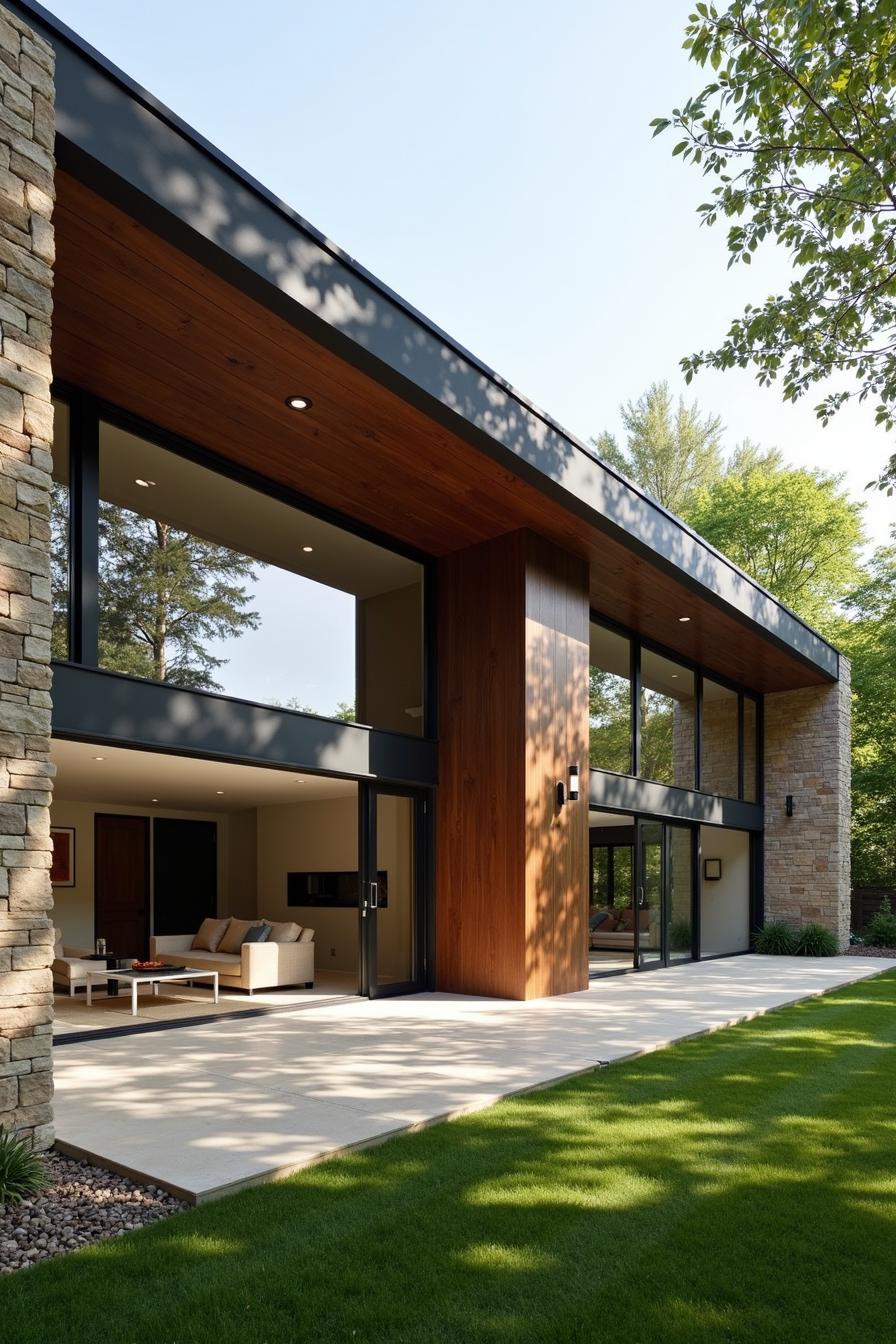 Modern house with large windows and stone accents