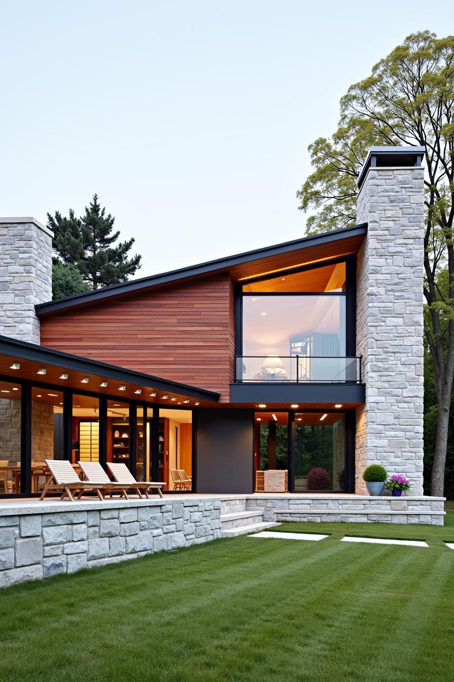 Modern house with large windows and a stone facade