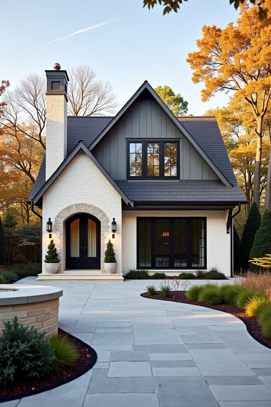 Charming house with arched entrance amidst autumn trees