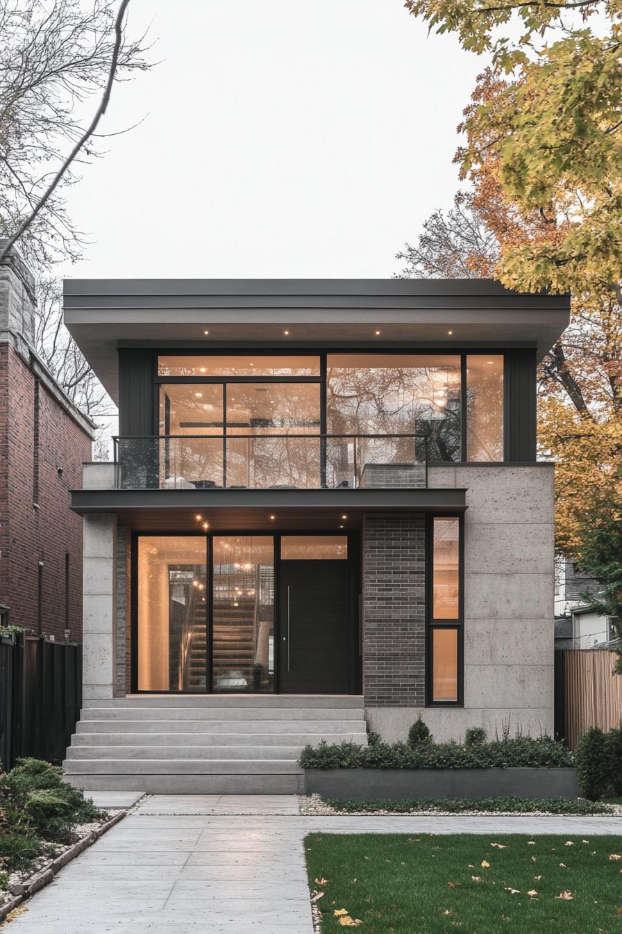 Modern two-story house with large glass windows and a flat roof